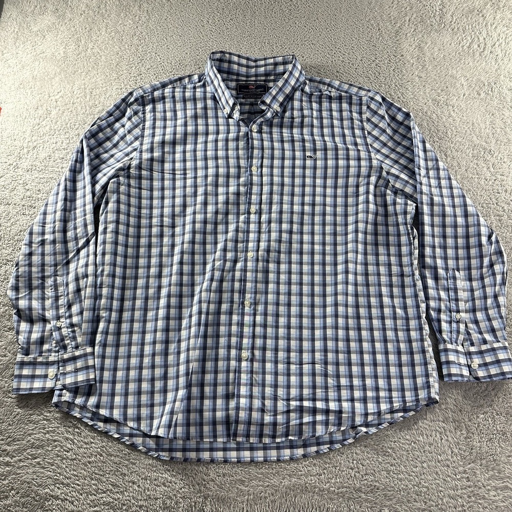 Vineyard Vines Performance Shirt Mens 2XL Plaid Blue Slim Fit Whale Lightweight.